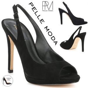 Pelle Moda Joey Womens Black Suede Slingback Pumps Leather Stiletto Heel Shoes 7